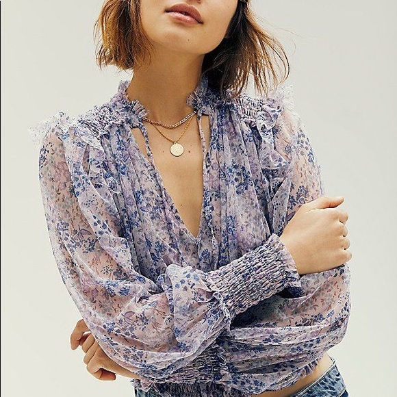 Free People Tops - Free People Floral Sheer Blouse in Blue and Purple